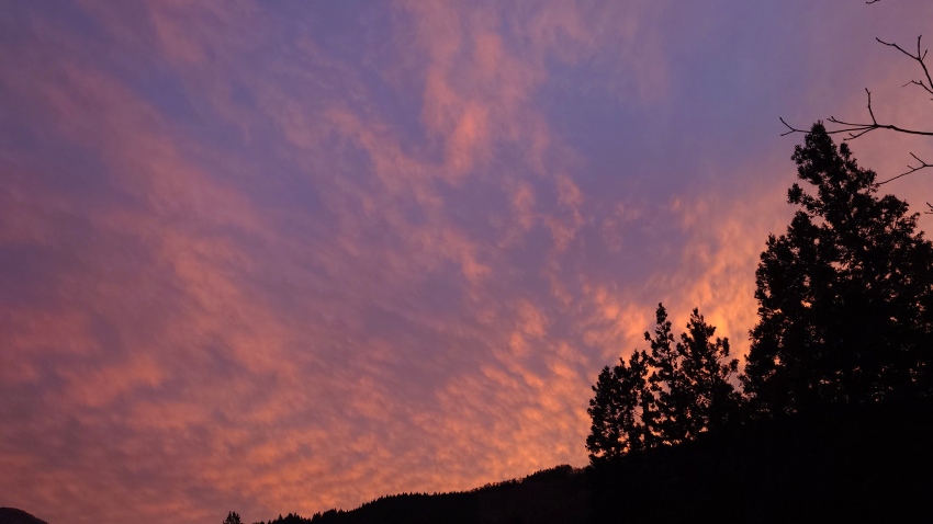 赤く染まったひつじ雲が広がる遠野の初春の夕焼け
